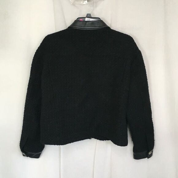 Sandro Black Cropped Leather Trim Button Front Tweed  Boucle Jacket Size 10 - Picture 7 of 17